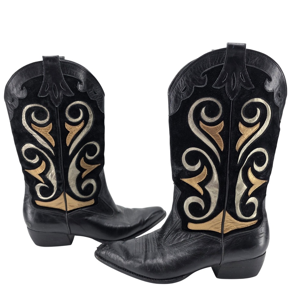 Vintage Van Eli Western Cowboy Boots Black Leather Gold Silver 7.5 M Festival